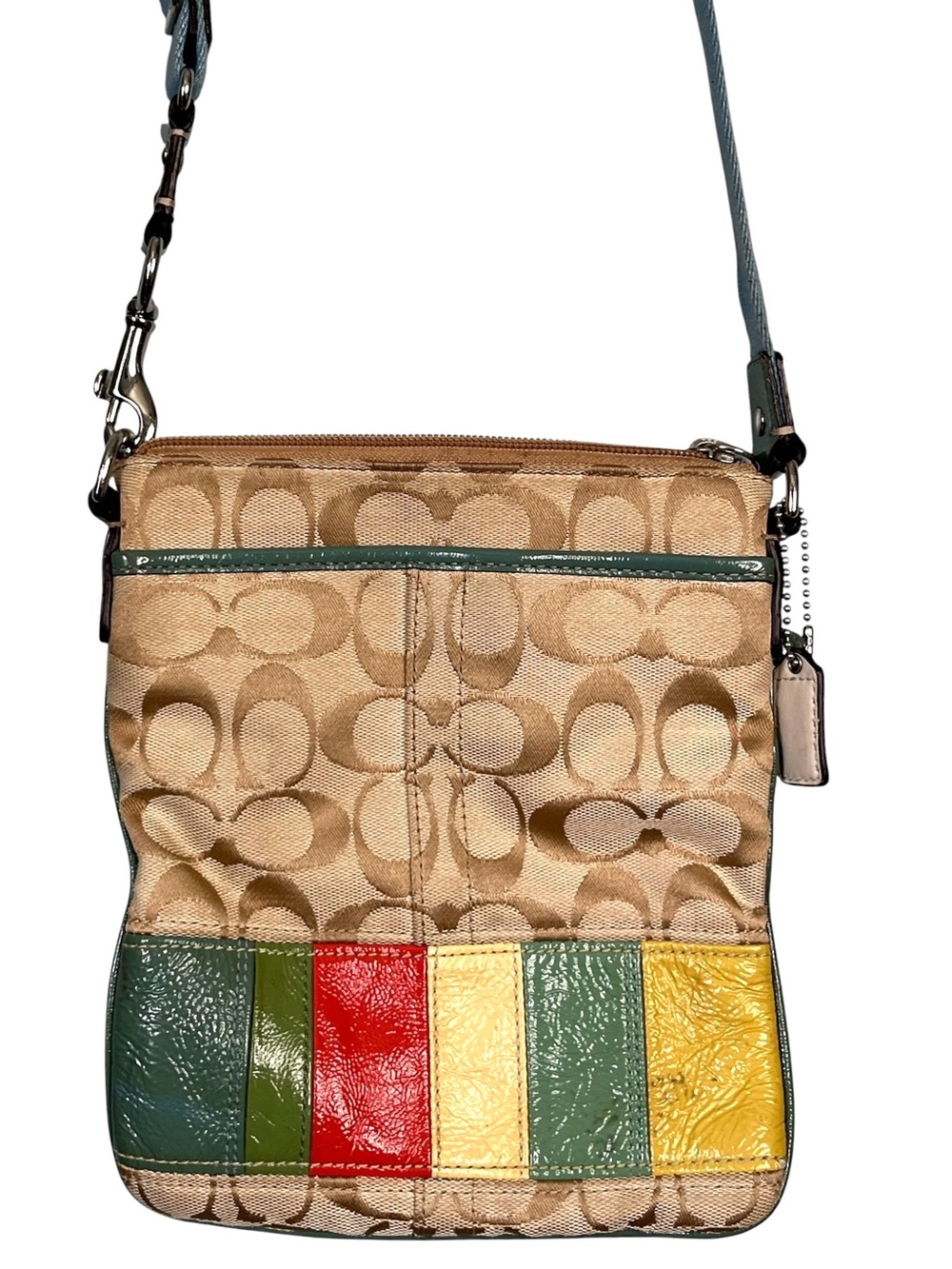 Coach Beige Signature Canvas Crossbody with Multicolor Leather Stripe Trim
